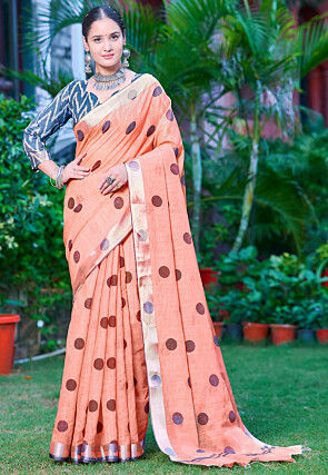 Digital Printed Linen Cotton Saree in Pastel Orange