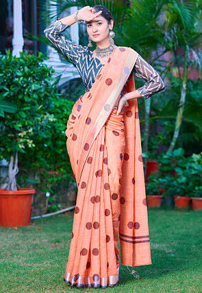 Digital Printed Linen Cotton Saree in Pastel Orange