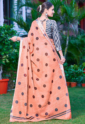 Digital Printed Linen Cotton Saree in Pastel Orange