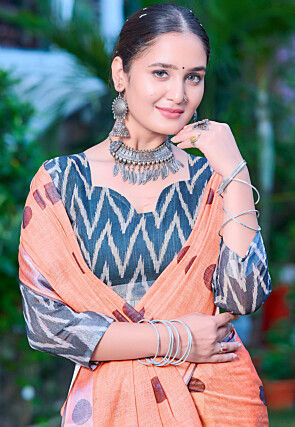 Digital Printed Linen Cotton Saree in Pastel Orange