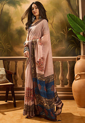 Digital Printed Linen Cotton Saree in Peach