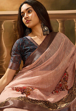 Digital Printed Linen Cotton Saree in Peach