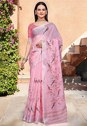 Digital Printed Linen Cotton Saree in Pink