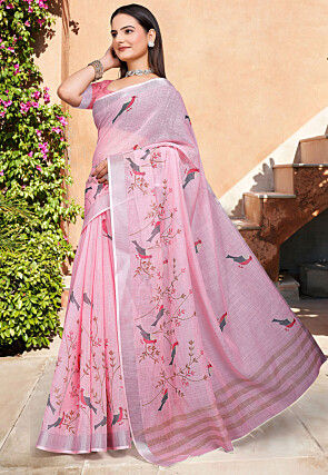 Digital Printed Linen Cotton Saree in Pink