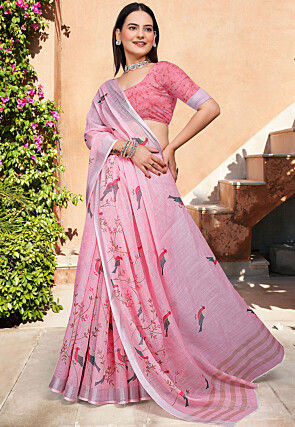 Digital Printed Linen Cotton Saree in Pink