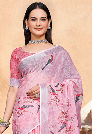 Digital Printed Linen Cotton Saree in Pink