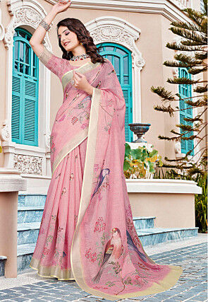 Digital Printed Linen Cotton Saree in Pink
