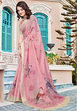 Digital Printed Linen Cotton Saree in Pink