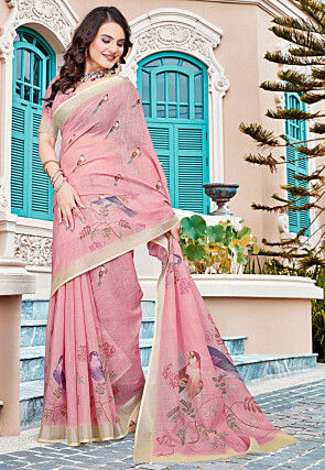 Digital Printed Linen Cotton Saree in Pink
