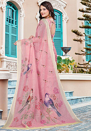 Digital Printed Linen Cotton Saree in Pink