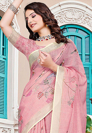 Digital Printed Linen Cotton Saree in Pink