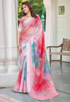 Digital Printed Linen Cotton Saree in Pink
