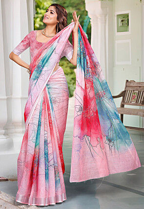 Digital Printed Linen Cotton Saree in Pink