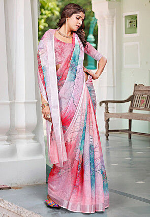 Digital Printed Linen Cotton Saree in Pink