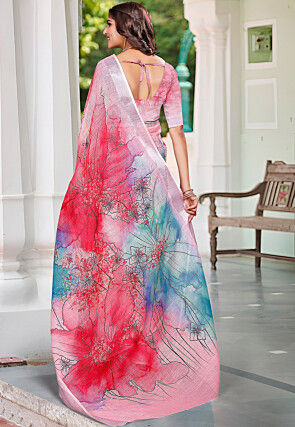 Digital Printed Linen Cotton Saree in Pink