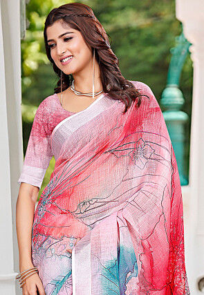 Digital Printed Linen Cotton Saree in Pink