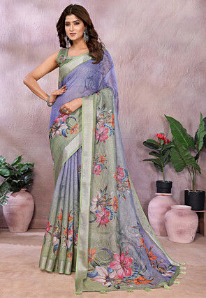Digital Printed Linen Cotton Saree in Purple and Light Green