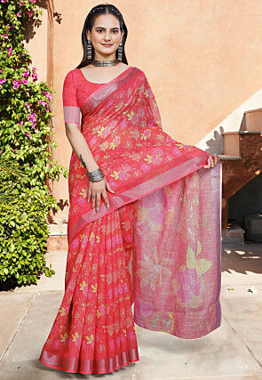 Digital Printed Linen Cotton Saree in Red