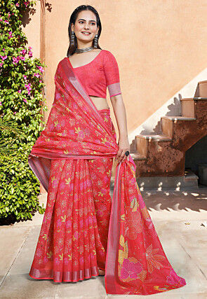 Digital Printed Linen Cotton Saree in Red