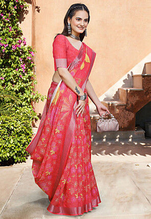 Digital Printed Linen Cotton Saree in Red