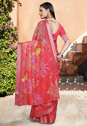 Digital Printed Linen Cotton Saree in Red