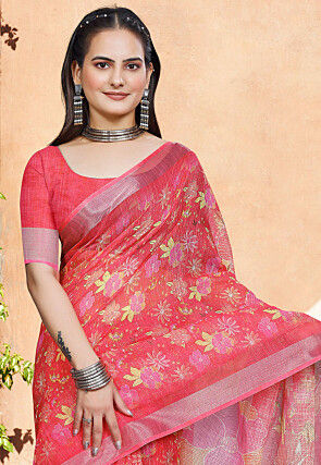 Digital Printed Linen Cotton Saree in Red
