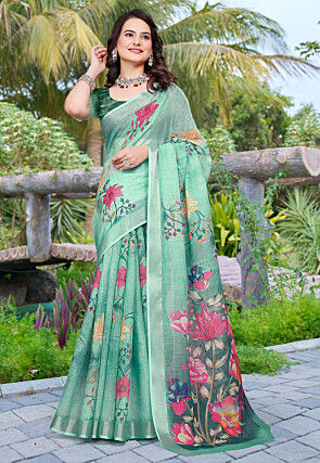 Digital Printed Linen Cotton Saree in Sea Green