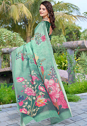 Digital Printed Linen Cotton Saree in Sea Green