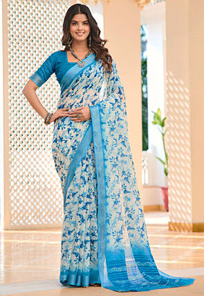 Digital Printed Linen Cotton Saree in White