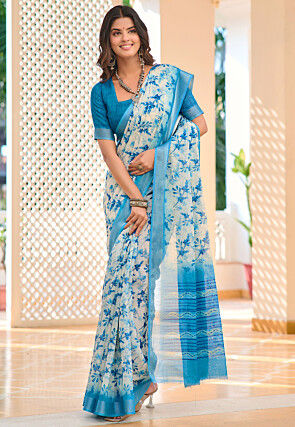 Digital Printed Linen Cotton Saree in White