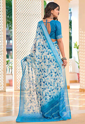 Digital Printed Linen Cotton Saree in White