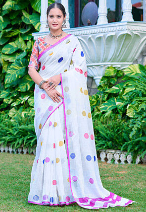 Digital Printed Linen Cotton Saree in White