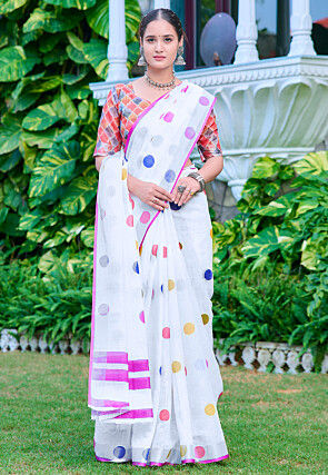 Digital Printed Linen Cotton Saree in White