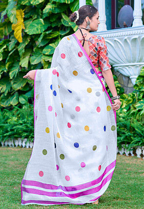 Digital Printed Linen Cotton Saree in White