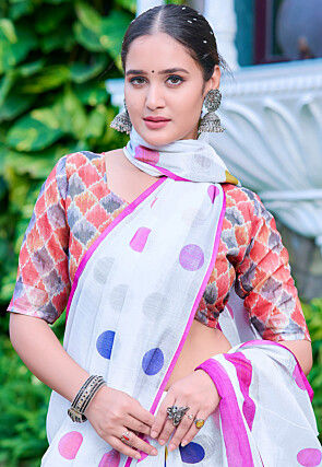 Digital Printed Linen Cotton Saree in White