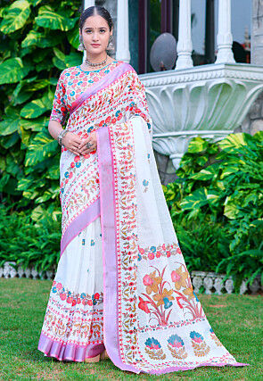Digital Printed Linen Cotton Saree in White