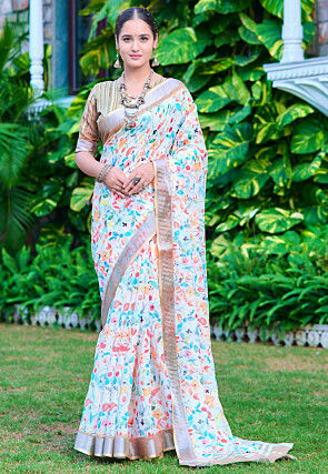 Digital Printed Linen Cotton Saree in White