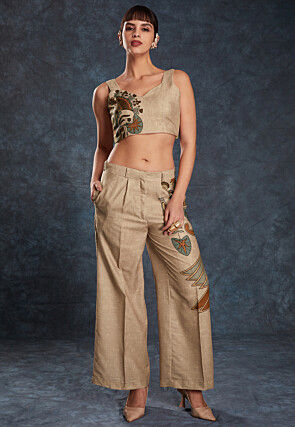 Digital Printed Linen Crop Top Set in Beige