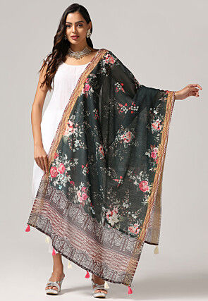 Digital Printed Linen Dupatta in Black