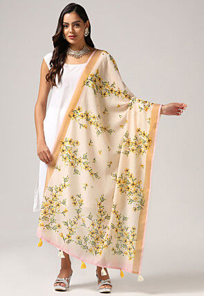 Digital Printed Linen Dupatta in Cream