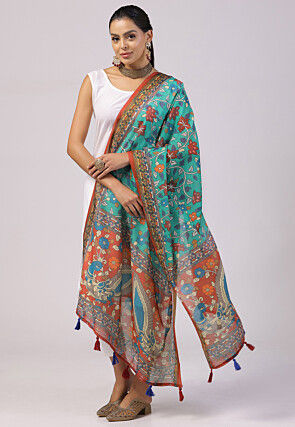 Digital Printed Linen Dupatta in Light Blue