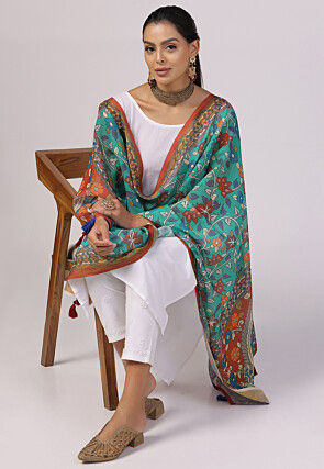 Digital Printed Linen Dupatta in Light Blue