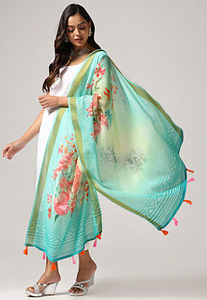 Digital Printed Linen Dupatta in Light Blue