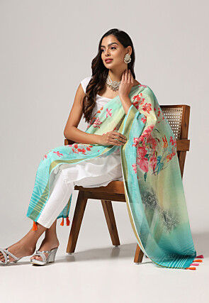 Digital Printed Linen Dupatta in Light Blue