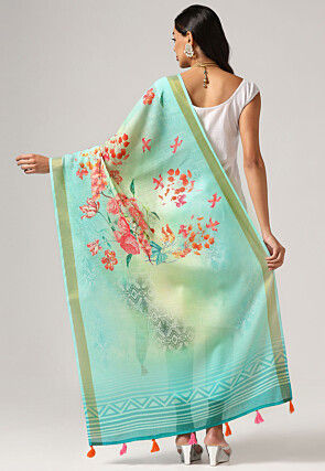 Digital Printed Linen Dupatta in Light Blue