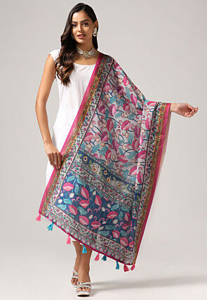 Digital Printed Linen Dupatta in Light Grey