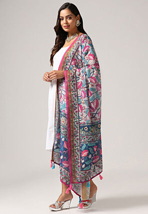 Digital Printed Linen Dupatta in Light Grey