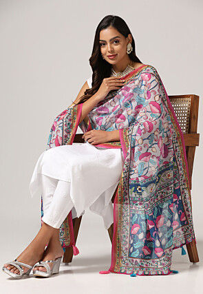 Digital Printed Linen Dupatta in Light Grey