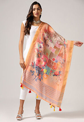 Digital Printed Linen Dupatta in Multicolor