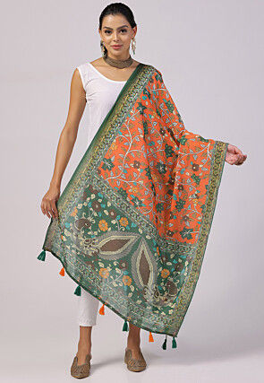 Digital Printed Linen Dupatta in Orange